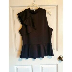 Flattering Sleek Black Mock Neck Asymmetrical Waterfall Front Peplum Top XXL